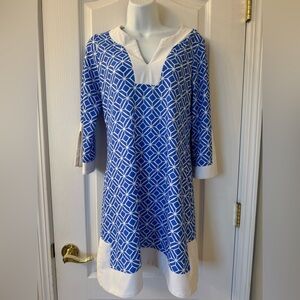 Jude Connally Blue & White Geometric Print Dress Size Small
